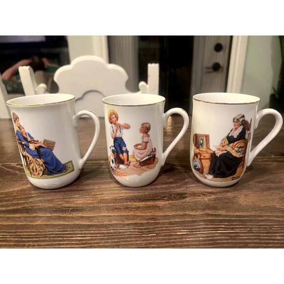 1982 Norman Rockwell Museum Coffee Mugs Cups White/Gold Trim Set of 6 Collection - Picture 3 of 16